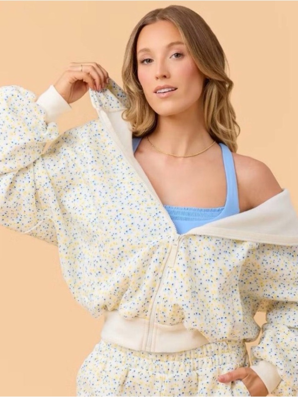Blogilates Yellow and Blue Floral Zip-Up Pullover Hoodie